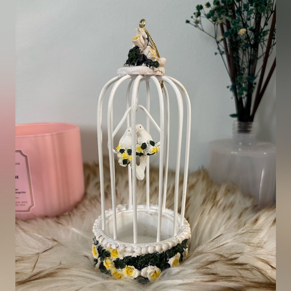 Shabby Chick White Yellow Floral Cage That Hangs with 2 Lovebirds
